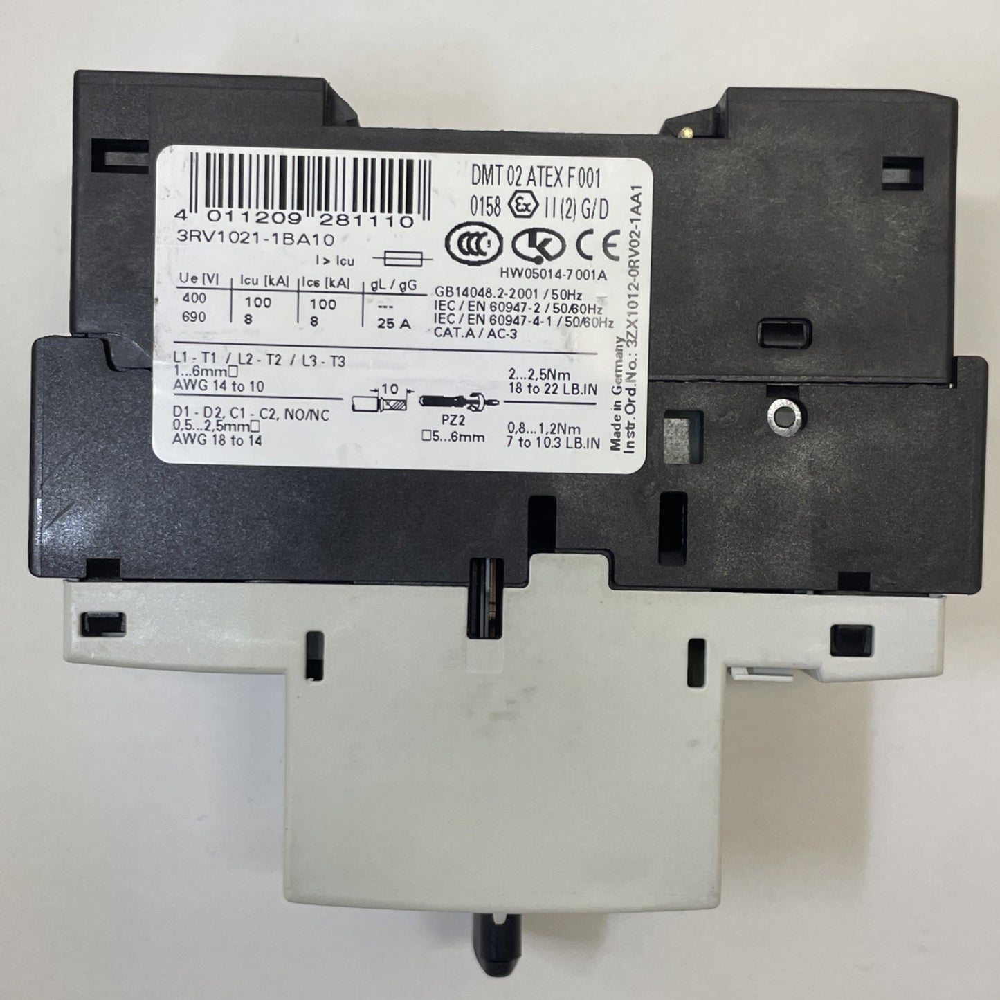 SIEMENS 3RV1021-1BA10 SIRIUS MANUAL MOTOR STARTER 1.4-2A
