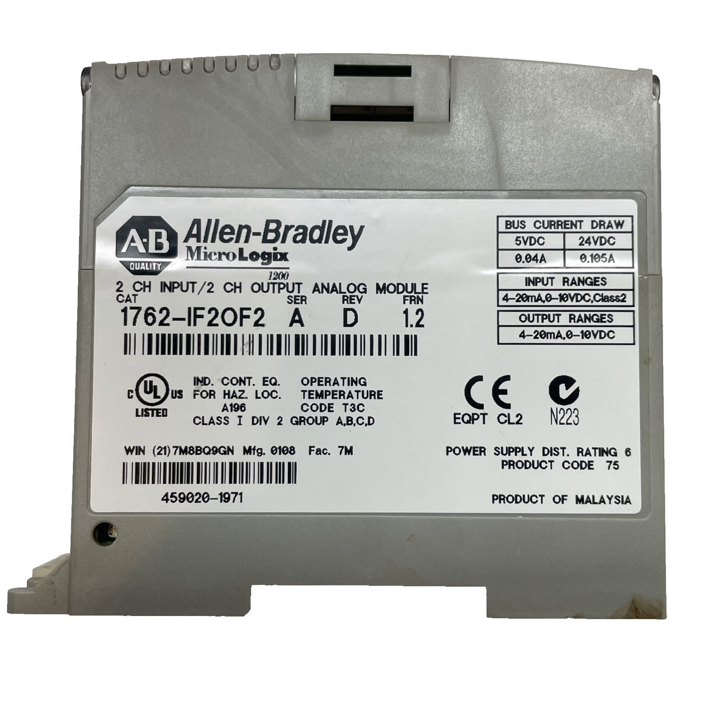 Allen-Bradley 1762-IF2OF2 MicroLogix 1200 Analog I/O Module 2 In 2 Out