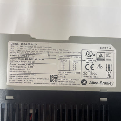Allen-Bradley 25C-A2P5N104 /A PowerFlex 527 AC Drive 0.5HP 200-240V VFD
