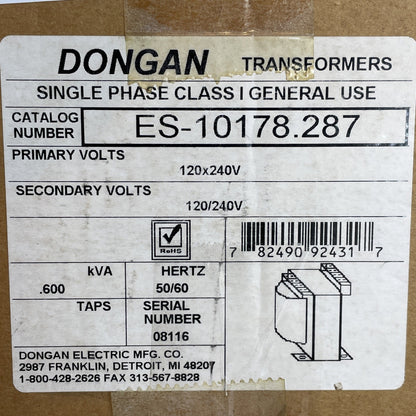 Dongan ES-10178.287 Control Transformer 0.600 kVA 120/240 V