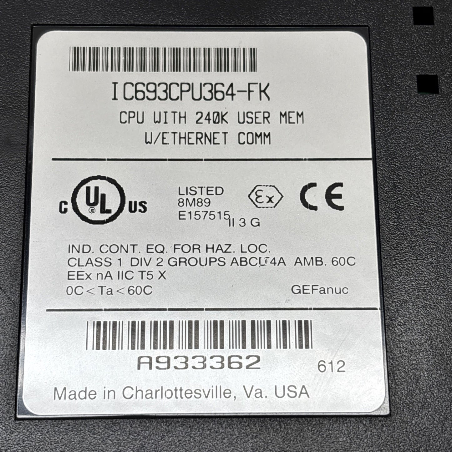 GE Fanuc IC693CPU364-FK Series 90-30 CPU Module 240K Ethernet