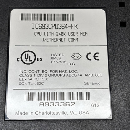 GE Fanuc IC693CPU364-FK Series 90-30 CPU Module 240K Ethernet