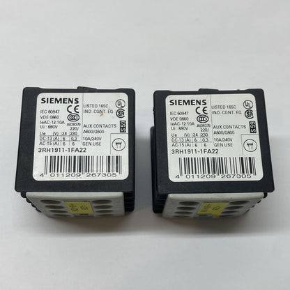 (LOT OF 2) Siemens 3RH1911-1FA22 Auxiliary Switch Block 10A 240V