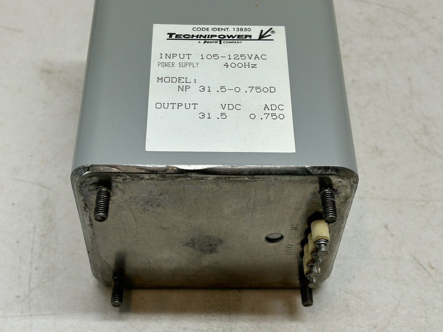 TECHNIPOWER NP-31.5-0.750D / INPUT 105-125VAC / POWER SUPPLY 400HZ / 31.5 VDC OP