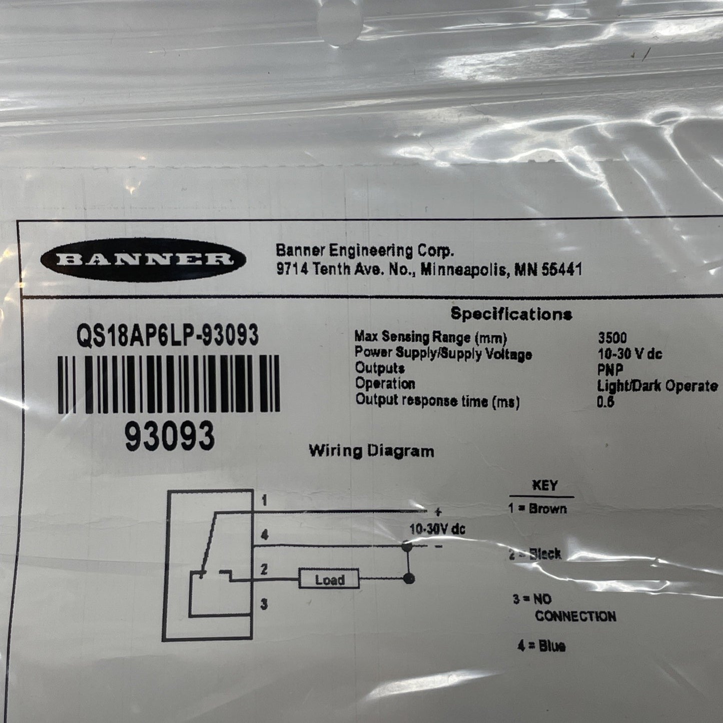 Banner QS18AP6LP-93093  10-30VDC Polarized Photoelectric Sensor - NEW