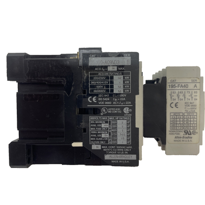 ALLEN BRADLEY 100-A09ND3 SER B CONTACTOR WITH 195-FA40 CONTACT BLOCK