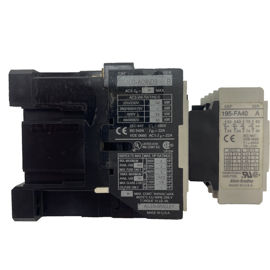 ALLEN BRADLEY 100-A09ND3 SER B CONTACTOR WITH 195-FA40 CONTACT BLOCK
