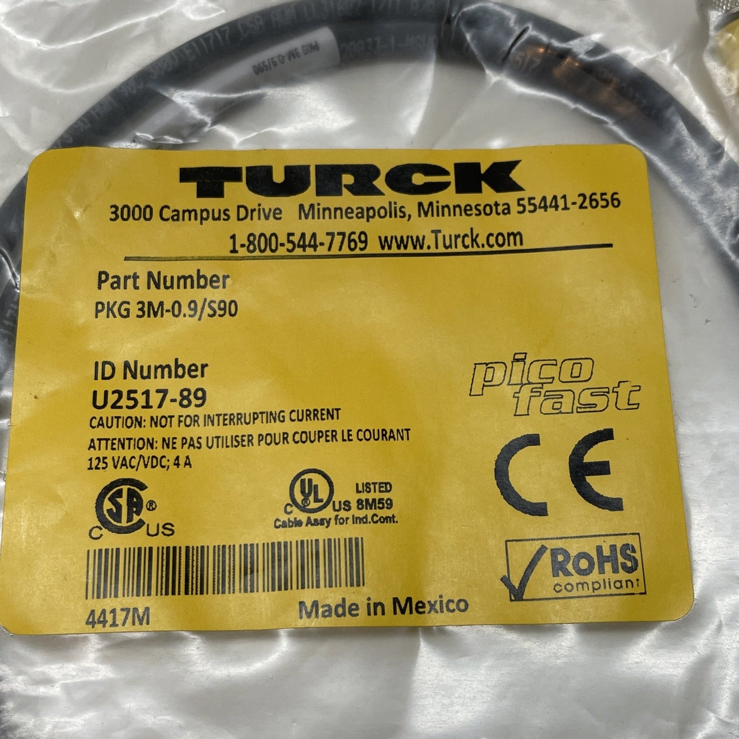 NEW Turck PKG 3M-0.9/S90 Cordset 3-Pin M8 Female Straight 0.9m U2517-89