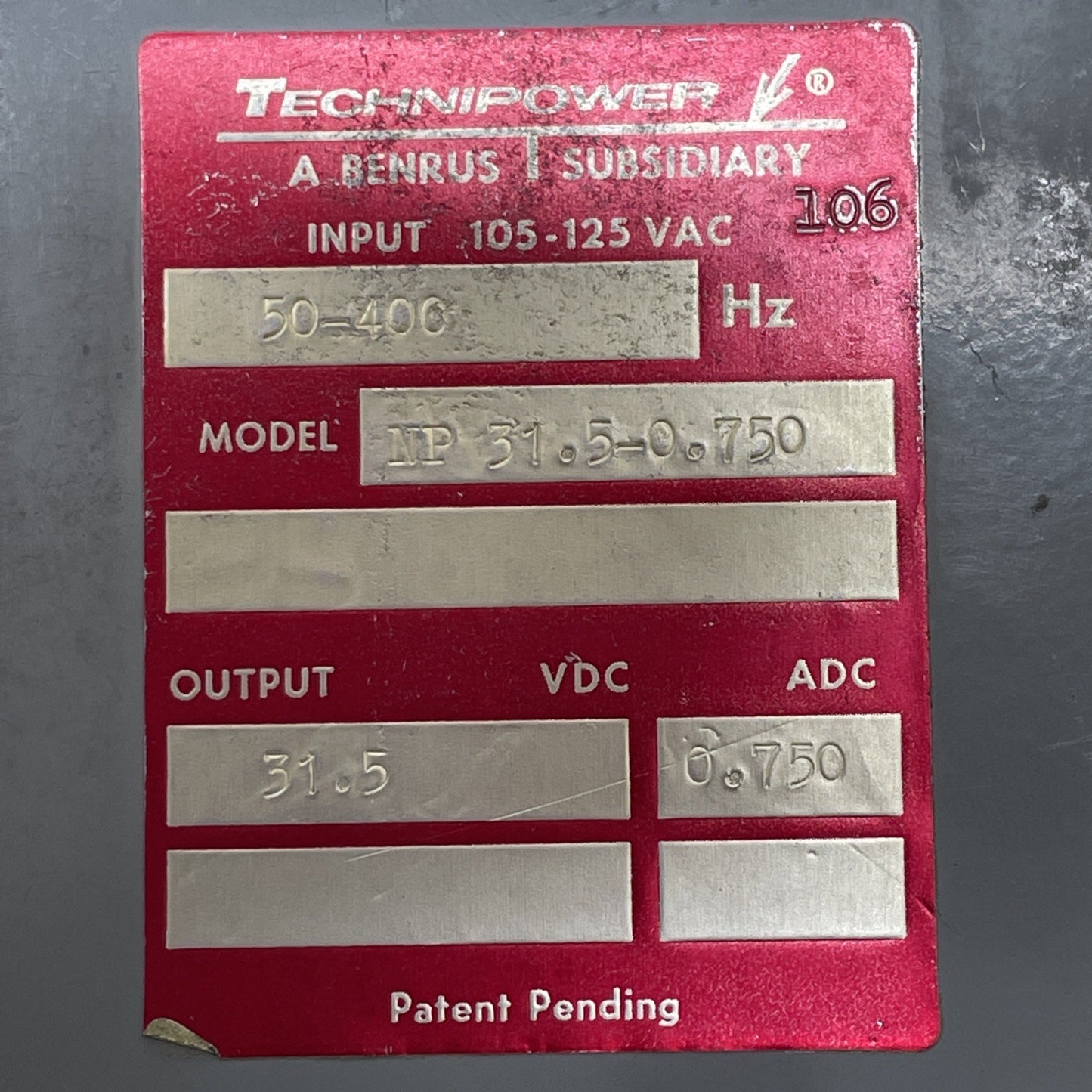 TECHNIPOWER NP-31.5-0.750 / INPUT 105-125VAC / POWER SUPPLY 400HZ / 31.5 VDC