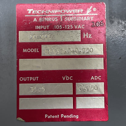 TECHNIPOWER NP-31.5-0.750 / INPUT 105-125VAC / POWER SUPPLY 400HZ / 31.5 VDC