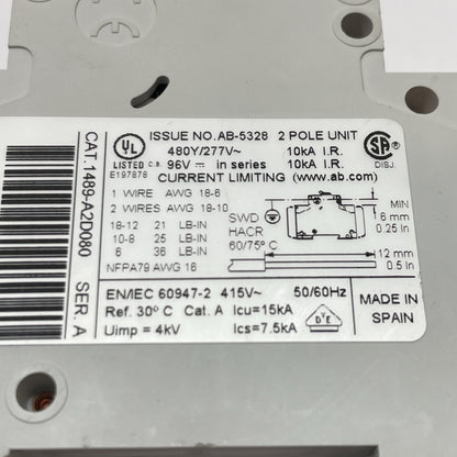 Allen Bradley 1489-A2D080 8 Amp 2-Pole 480Y/277 VAC, 96 VDC Breaker