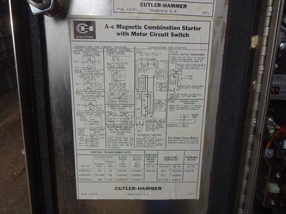 CUTLER HAMMER A-C MAGNETIC COMBINATION STARTER W/ MOTOR CIRCUIT SWITCH 4X ENCL