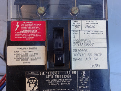 WESTINGHOUSE EB3050S / 3 POLE 50 AMP 240 VOLT CIRCUIT BREAKER STYLE 4991D35G08