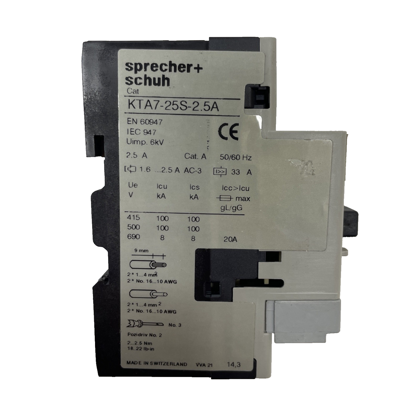 Sprecher + Schuh KTA7-25S-2.5A 3-Pole Manual Motor Starter 1.6-2.5A KTA7-25S