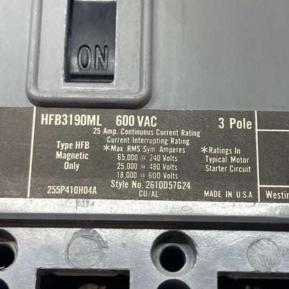 WESTINGHOUSE HFB3190ML 3-Pole 25A 600 VAC Mark 75 Molded Case Circuit Breaker