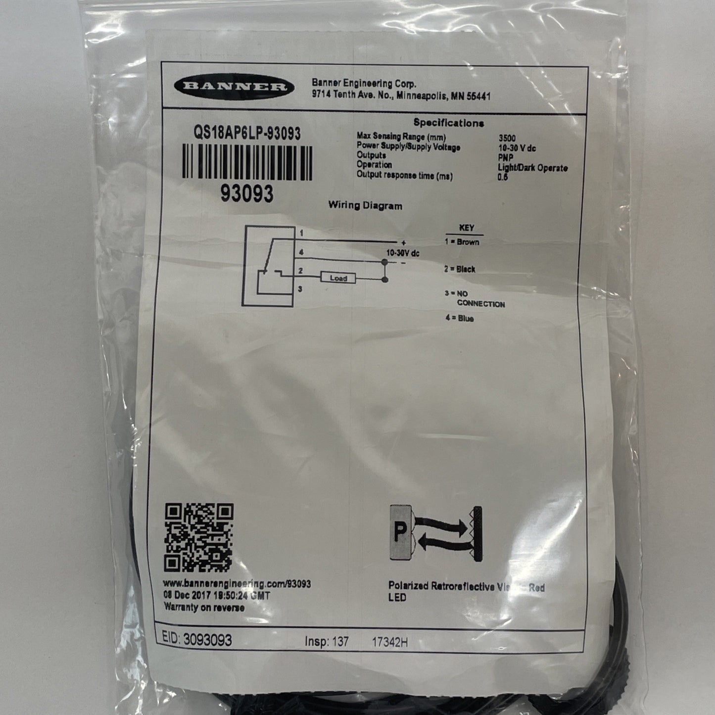 Banner QS18AP6LP-93093  10-30VDC Polarized Photoelectric Sensor - NEW