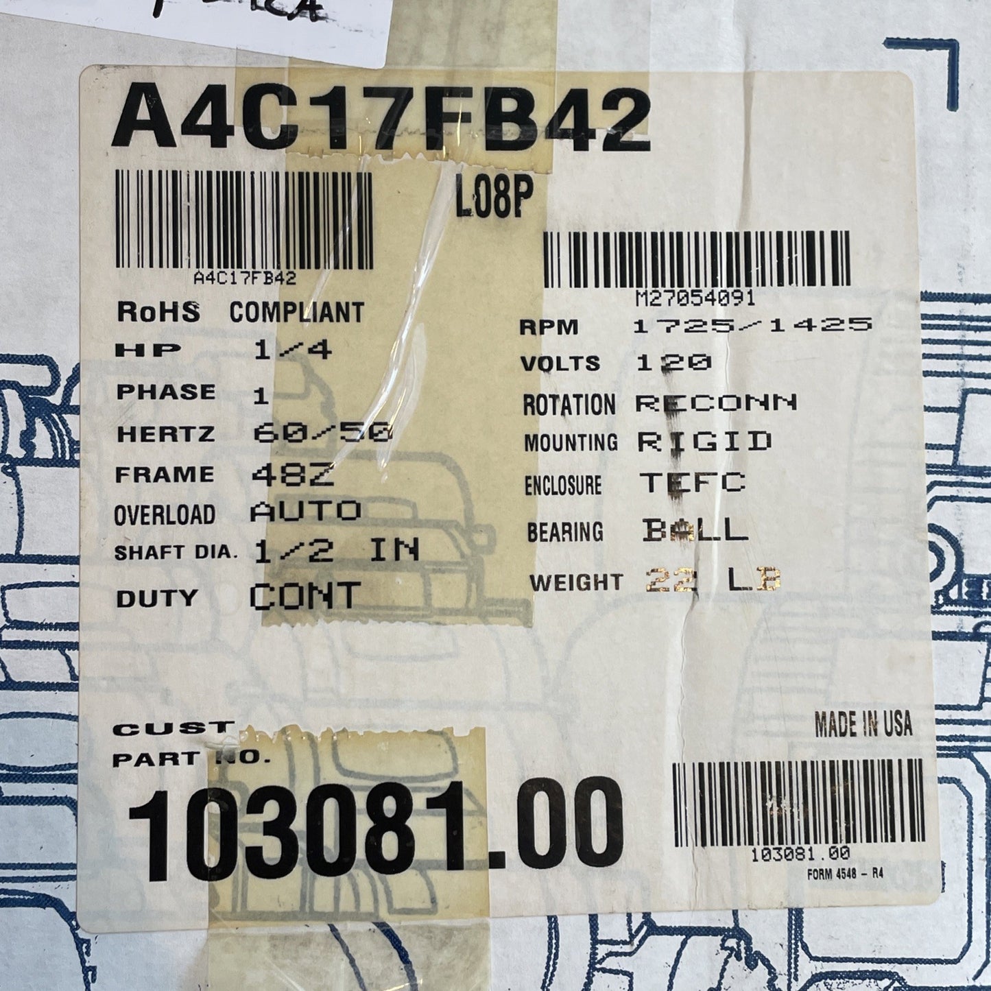 Leeson 103081.00 A4C17FB42A 1Ph 1/4 Hp AC Electric Motor 1725RPM 120V