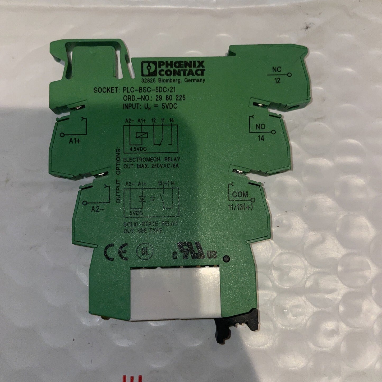 PHOENIX CONTACT 2961367 RELAY W/ PLC-BSC-5DC/21 BASE 250VAC 6A 5VDC