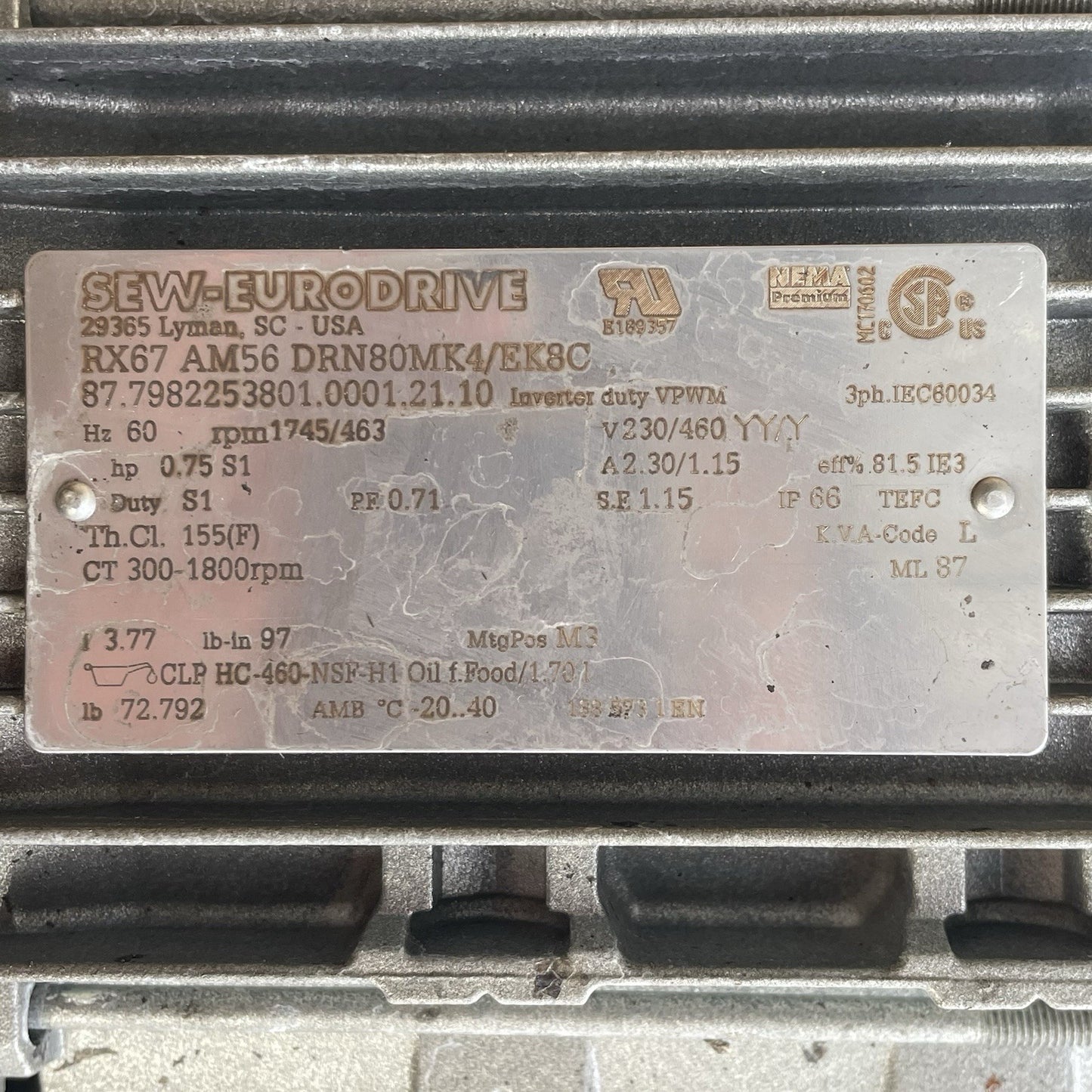 SEW-EURODRIVE RX67 AM56 DRN80MK4/EK8C AC Gearmotor w/  Incremental HTL Encoder