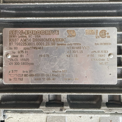 SEW-EURODRIVE RX67 AM56 DRN80MK4/EK8C AC Gearmotor w/  Incremental HTL Encoder
