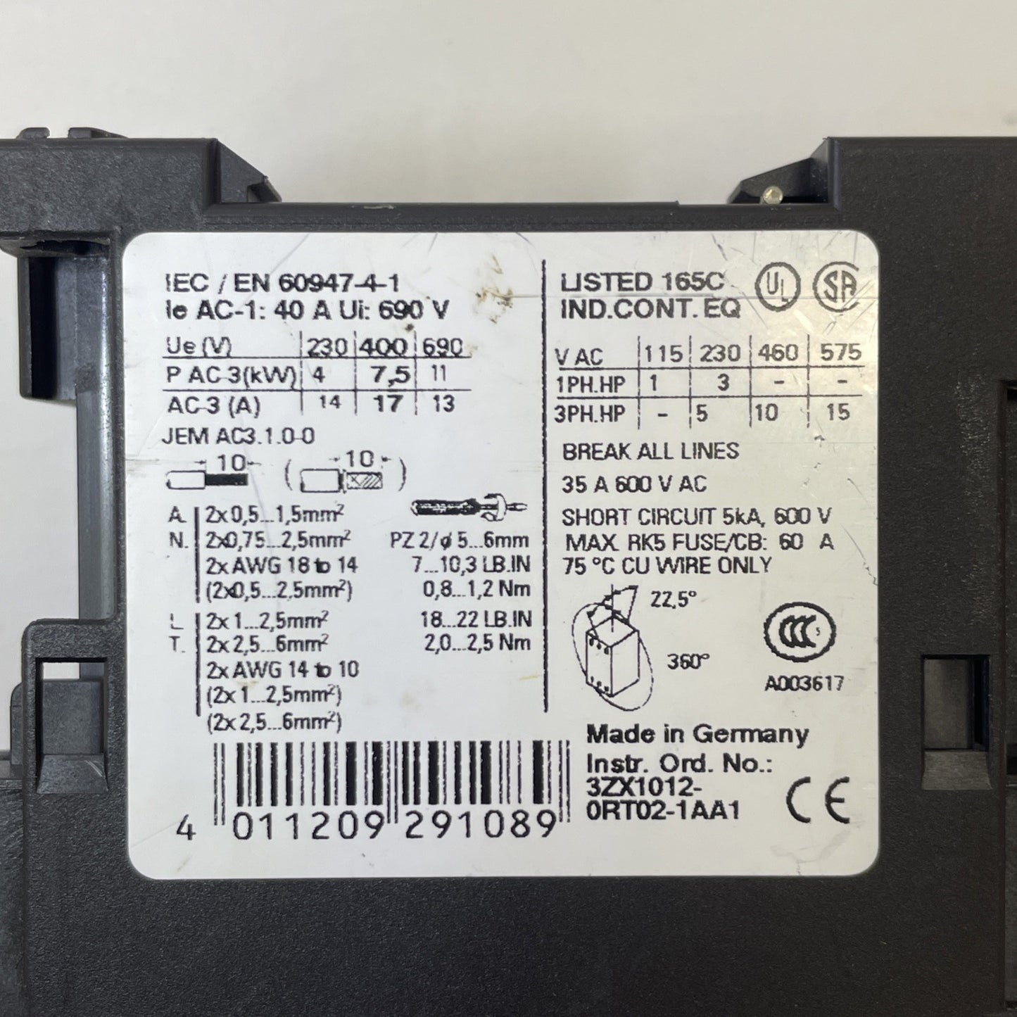 Siemens 3RT1025-1B..0 Contactor w/ 3RH1921-1CA10 Aux Contact Block