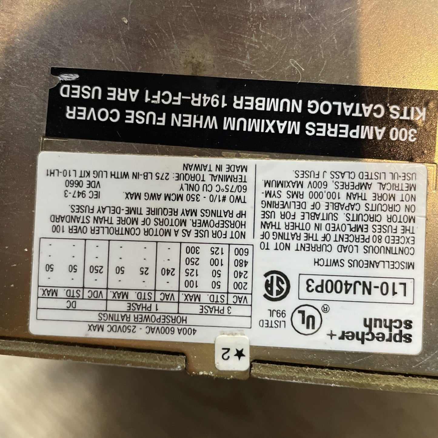 SPRECHER & SCHUH L10NJ400P3 400A, 600 VAC, 250VDC MAX