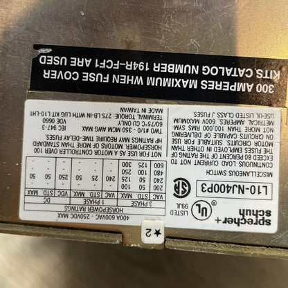 SPRECHER & SCHUH L10NJ400P3 400A, 600 VAC, 250VDC MAX