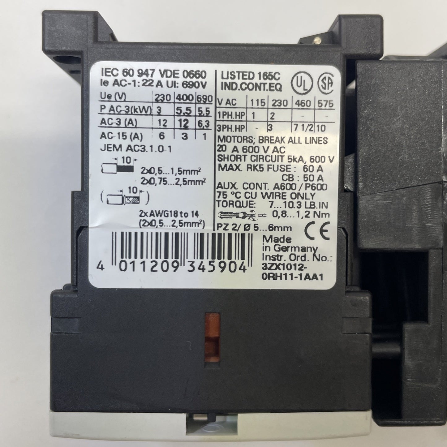 SIEMENS 3RV1021-1EA10 SIRIUS MANUAL MOTOR STARTER WITH 3RT1017-1AK61 CONTACTOR