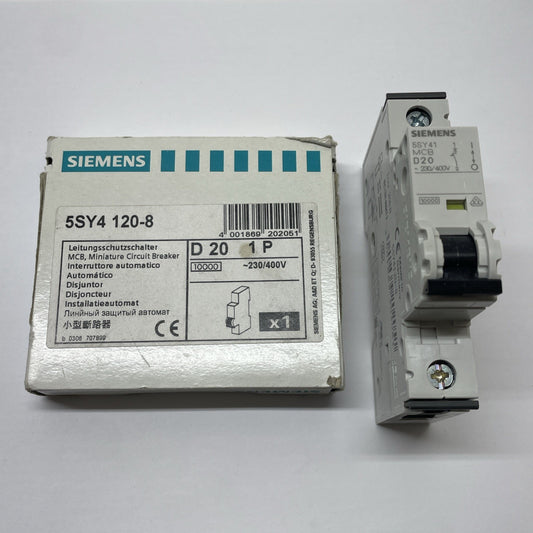 Siemens 5SY4 120-8  20A 1-Pole D-Curve DIN Rail Miniature Circuit Breaker