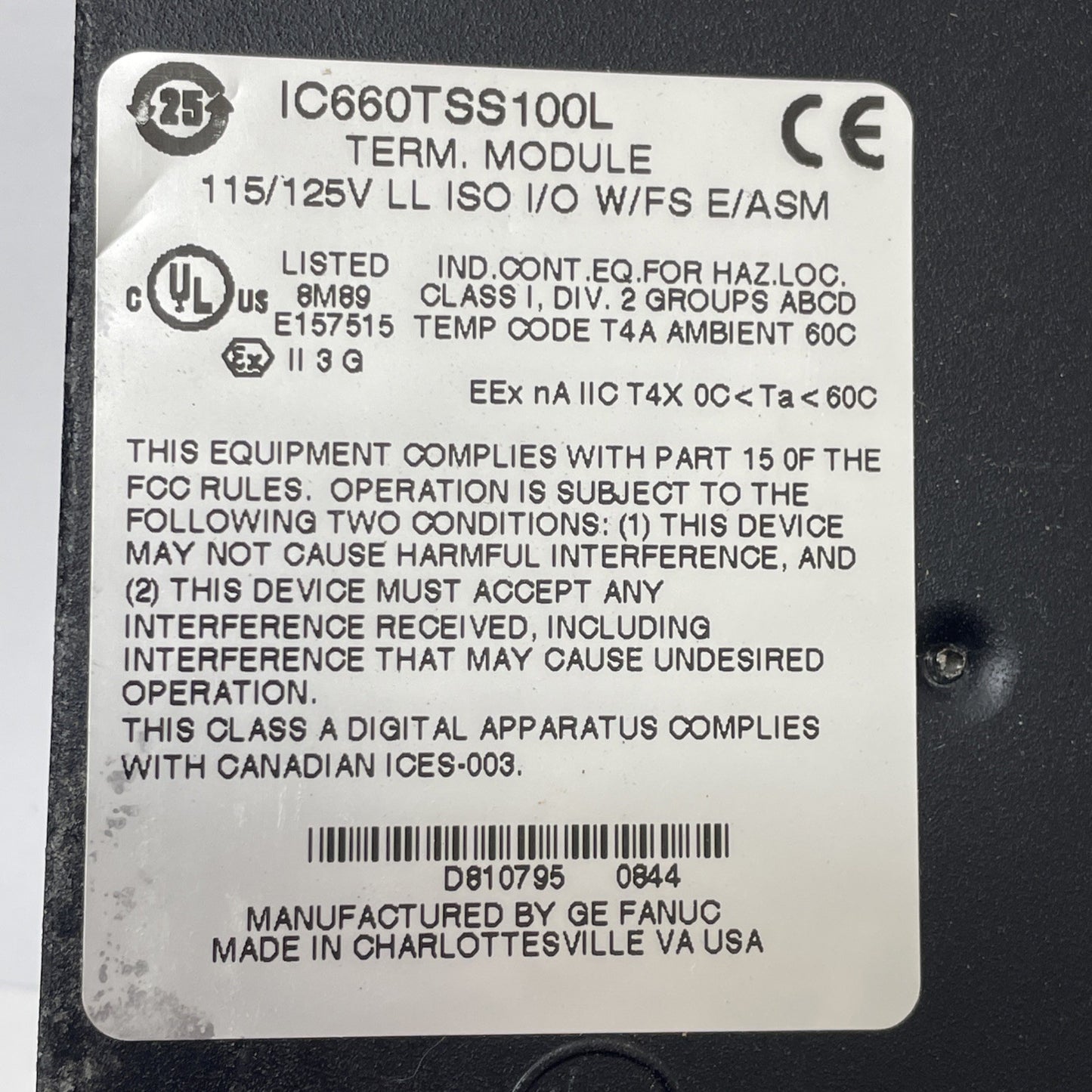GE Fanuc IC660TSS100L Terminal Assembly 115 VAC/125 VDC