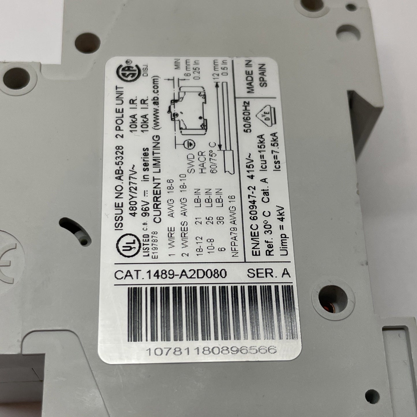 Allen Bradley 1489-A2D080 8 Amp 2-Pole 480Y/277 VAC, 96 VDC Breaker