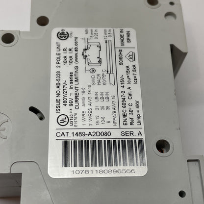 Allen Bradley 1489-A2D080 8 Amp 2-Pole 480Y/277 VAC, 96 VDC Breaker