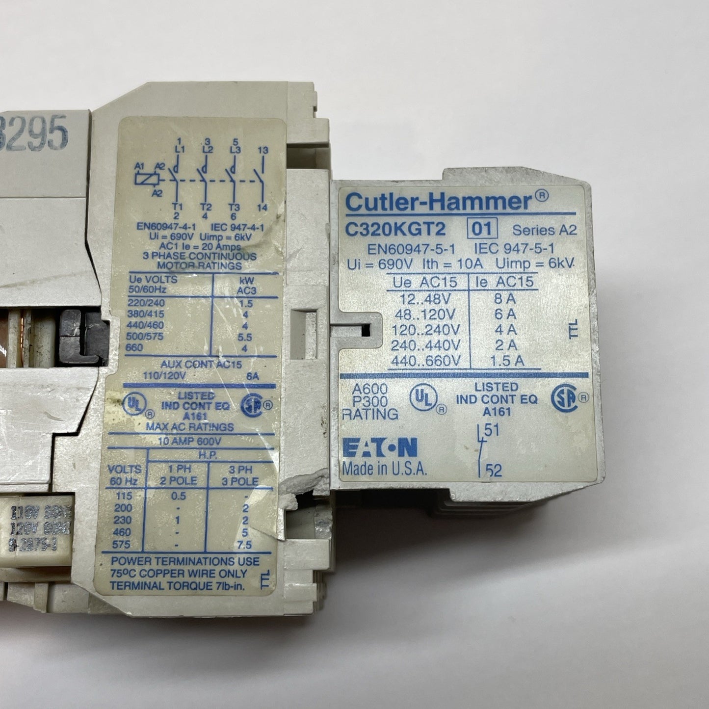 Eaton Cutler-Hammer CE15BNS3 10A Contactor + C320KGT2 Aux Contact