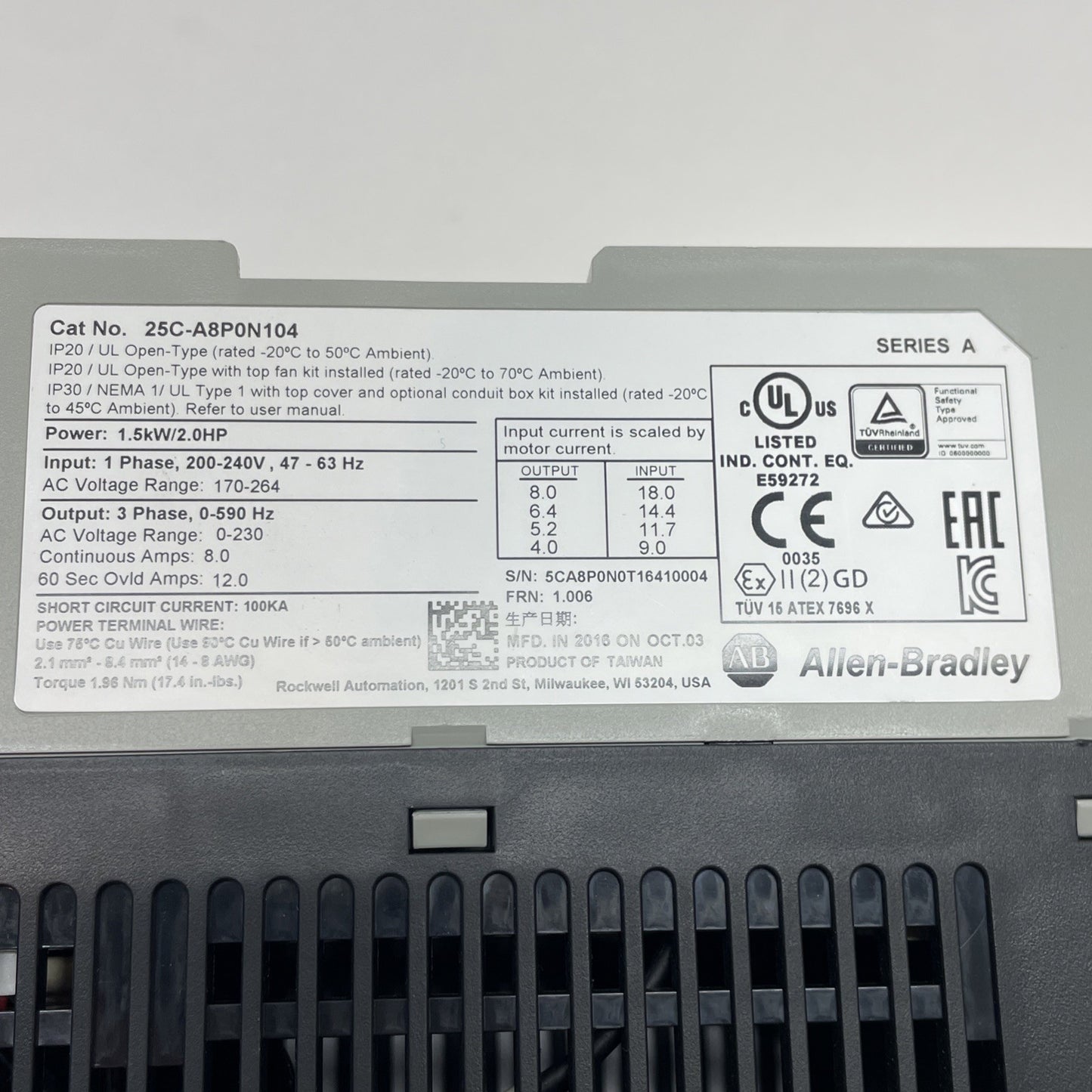 Allen-Bradley 25C-A8P0N104 PowerFlex 527 1.5 kW 8A AC Drive VFD