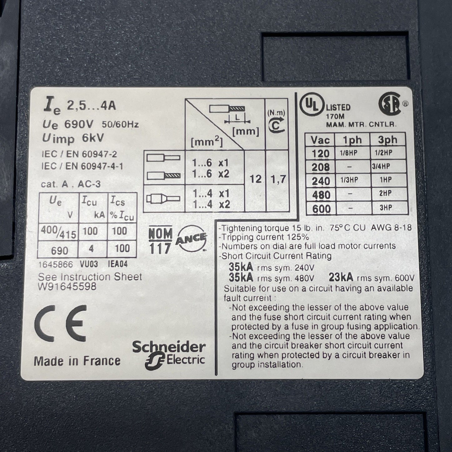 Telemecanique GV3ME08 3-Pole Motor Circuit Breaker 2.5-4 A