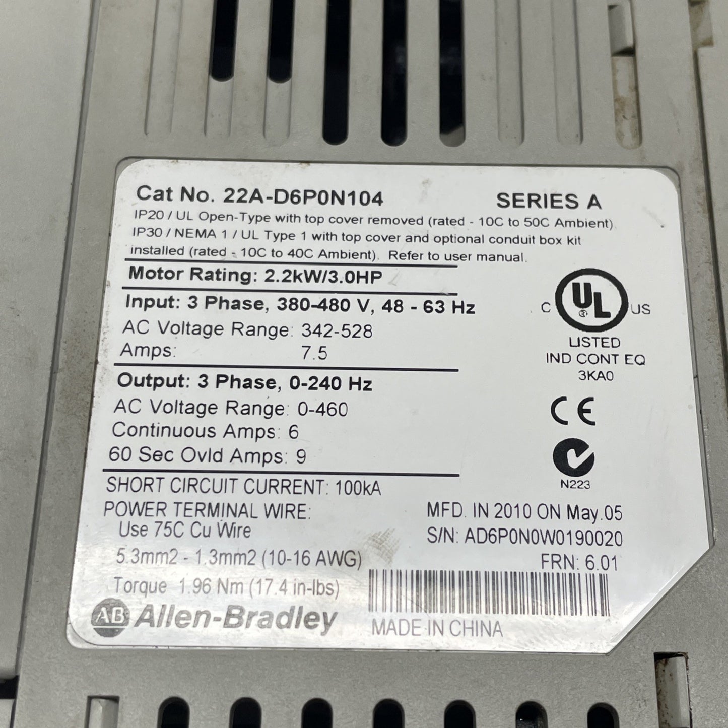 Allen-Bradley 22A-D6P0N104 /A PowerFlex 4 AC Drive 480 VAC 3PH 2.2kW / 3HP