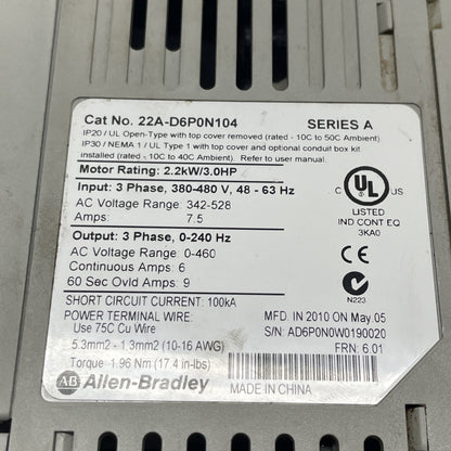 Allen-Bradley 22A-D6P0N104 /A PowerFlex 4 AC Drive 480 VAC 3PH 2.2kW / 3HP