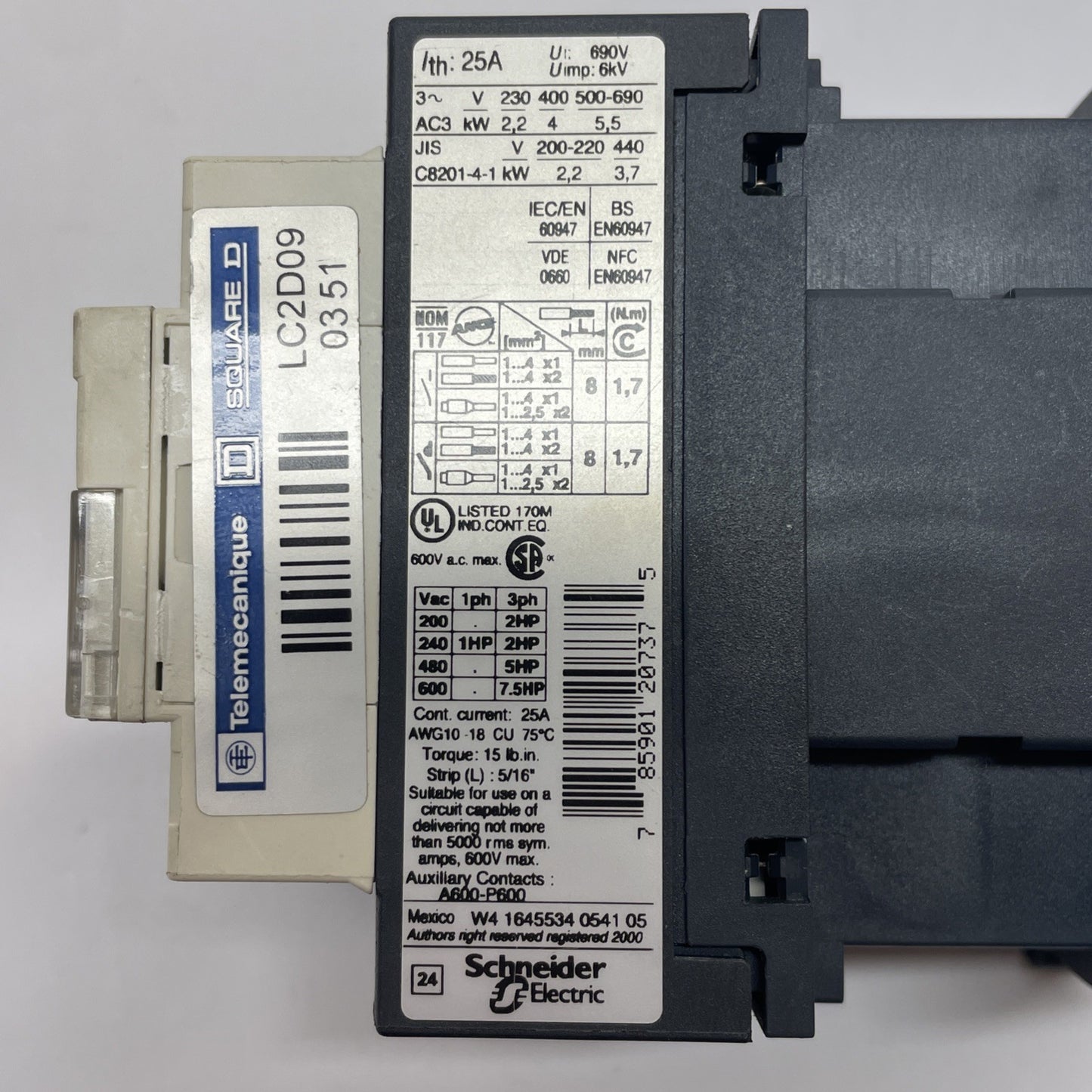 Schneider Electric LC2D09 600V AC 25A Contactor