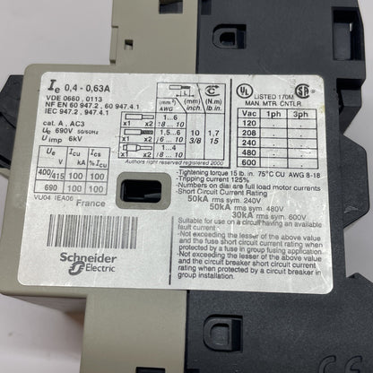 Telemecanique GV2-M04 Manual Motor Overload Relay 0.4-0.63 Amp