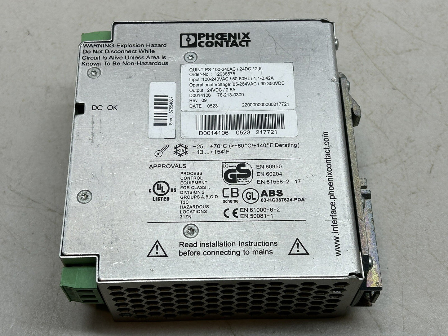 PHOENIX CONTACT QUINT-PS-100-240AC/24DC/2.5 POWER SUPPLY 1.1-0.42AMP 100-240VAC