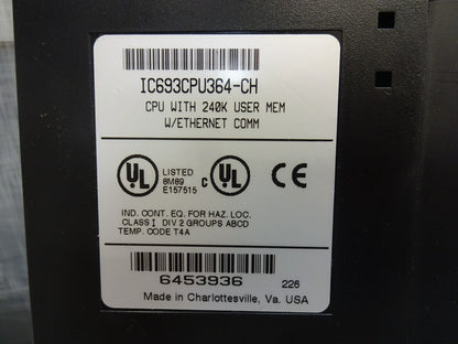 GE FANUC IC693CPU364-CH / IC693CPU364 CPU 240K USER MEM W/ ETHERNET COMM / KEY