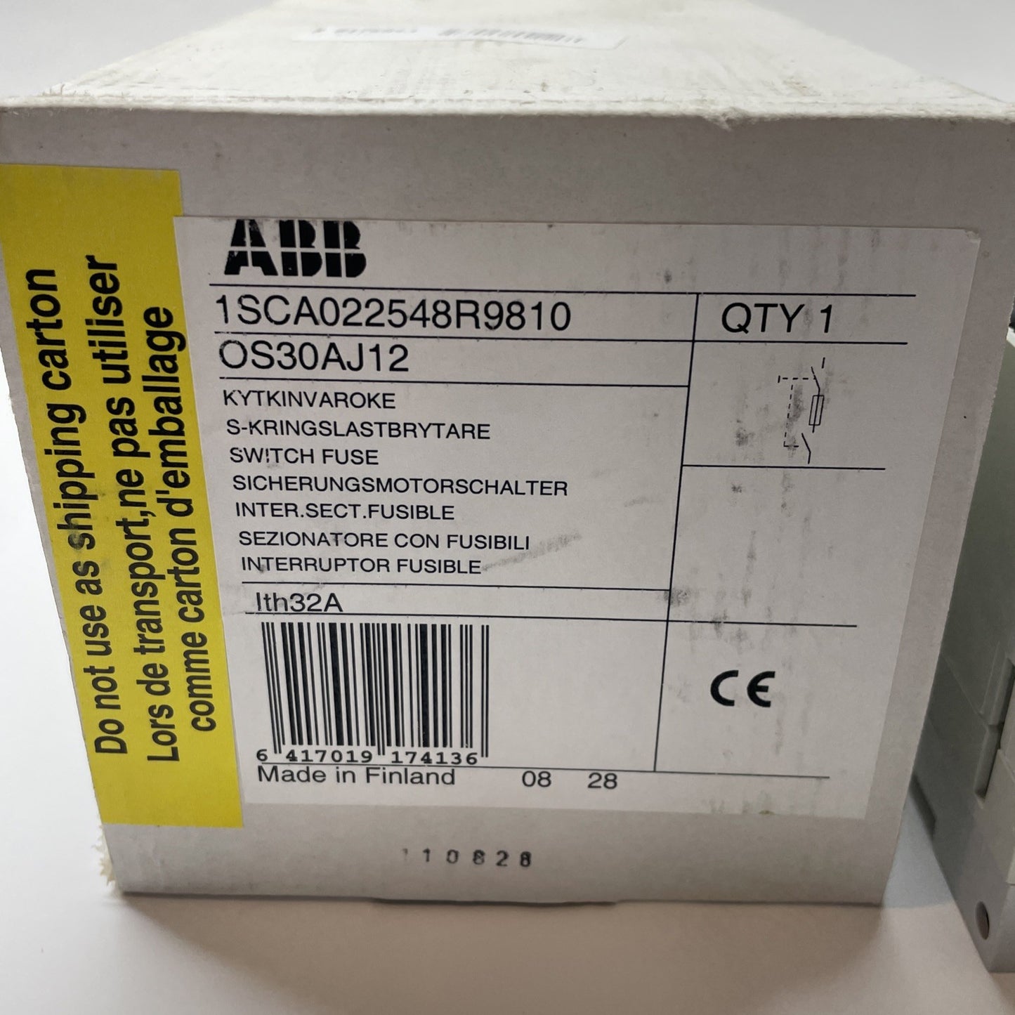 ABB 1SCA022548R9810 / OS30AJ12 / 600VAC 30AMP TYPE HRC I-CC FUSE SWITCH