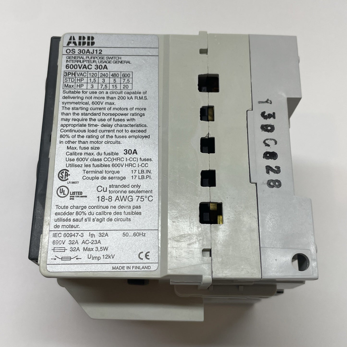 ABB 1SCA022548R9810 / OS30AJ12 / 600VAC 30AMP TYPE HRC I-CC FUSE SWITCH