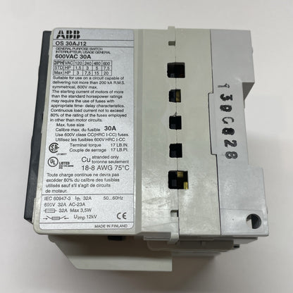 ABB 1SCA022548R9810 / OS30AJ12 / 600VAC 30AMP TYPE HRC I-CC FUSE SWITCH