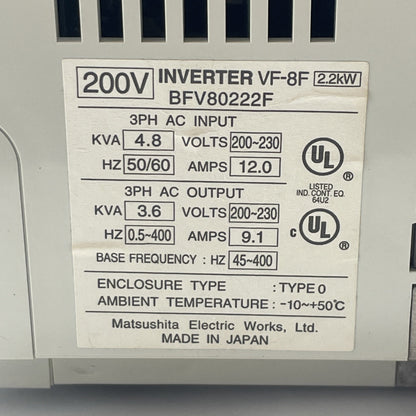 NAIS VF-8F BFV80222F AC Inverter 2.2kW 200V 3-Phase Matsushita Panasonic
