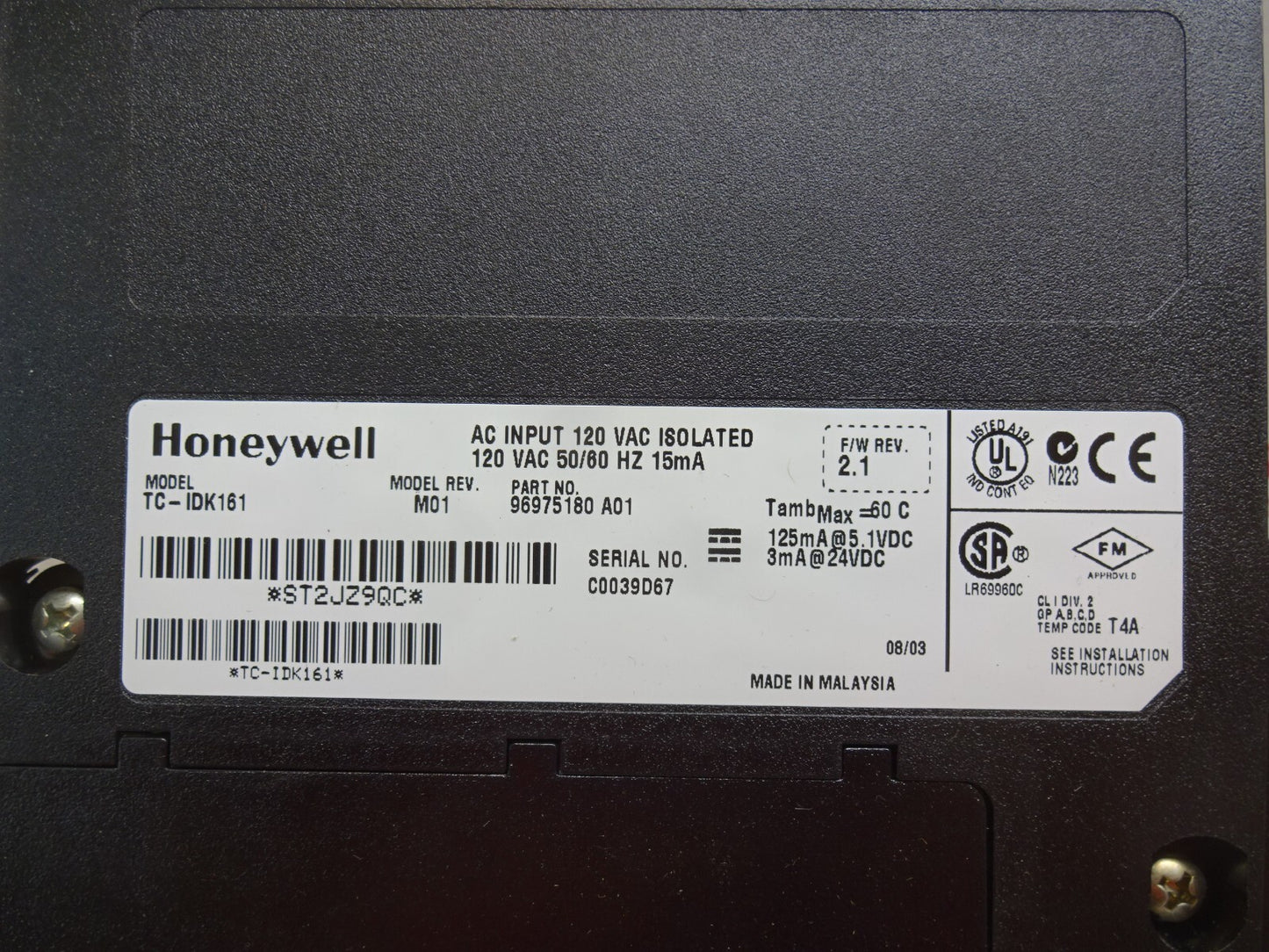 HONEYWELL TC-IDK161 / M01 / AC INPUT 120 VAC ISOLATED MODULE 50/60 HZ 15MA