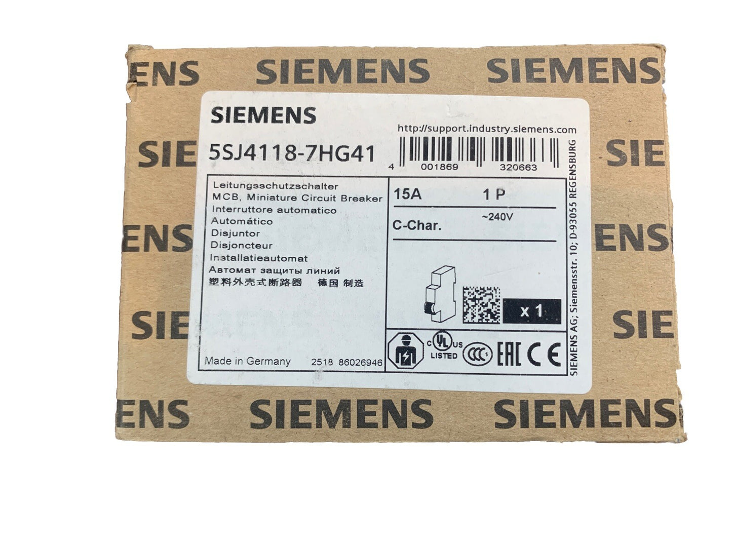 SIEMENS 5SJ4111-7HG41 (NEW IN BOX) 15A 1 POLE MINIATURE CIRCUIT BREAKER