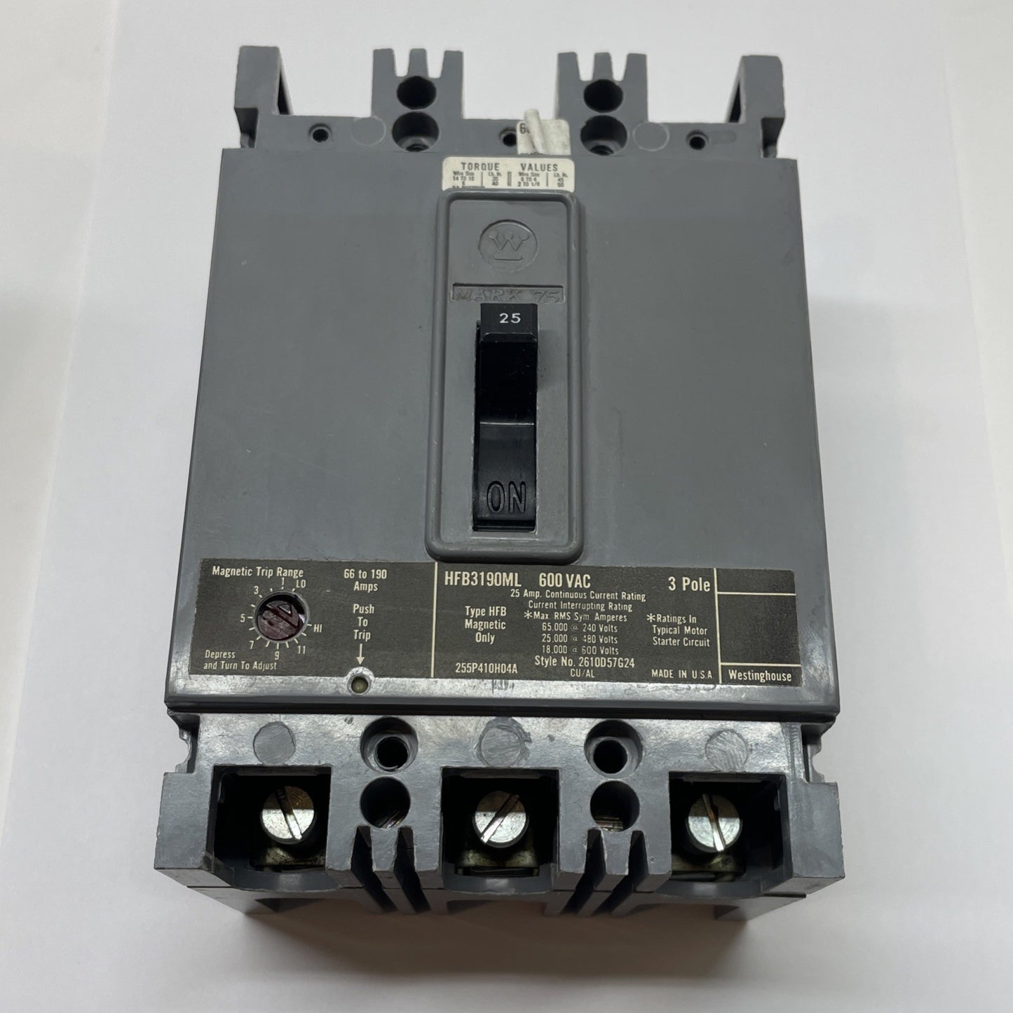 WESTINGHOUSE HFB3190ML 3-Pole 25A 600 VAC Mark 75 Molded Case Circuit Breaker