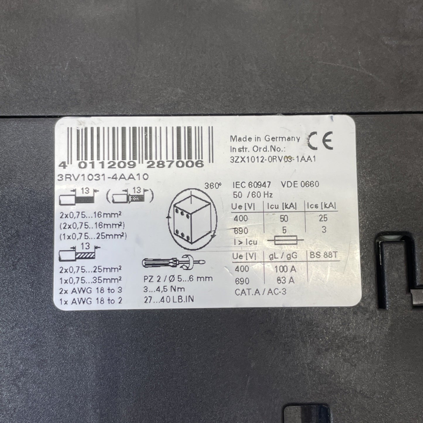 Siemens Sirius 3R Manual Combination Starter 3RV1031-4AA10 / 3RV10314AA10