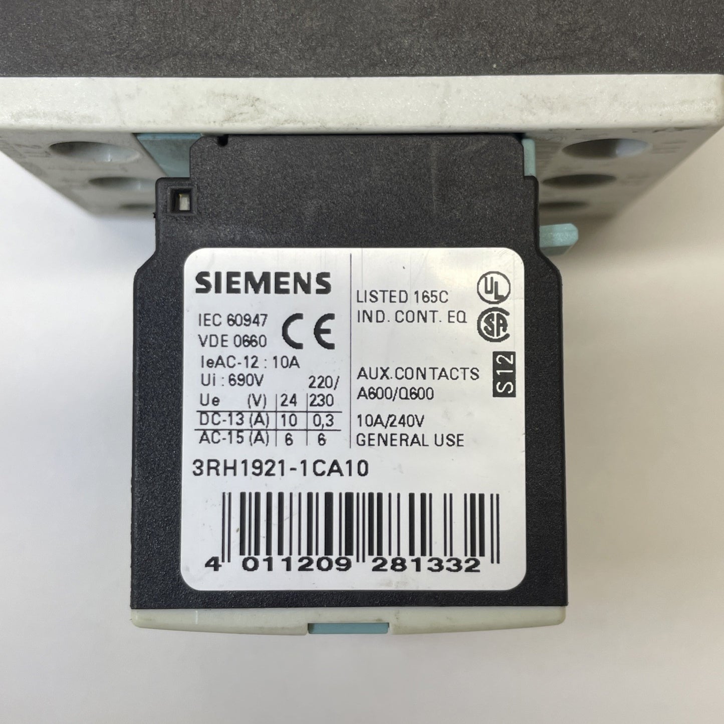 Siemens 3RT1025-1B..0 Contactor w/ 3RH1921-1CA10 Aux Contact Block